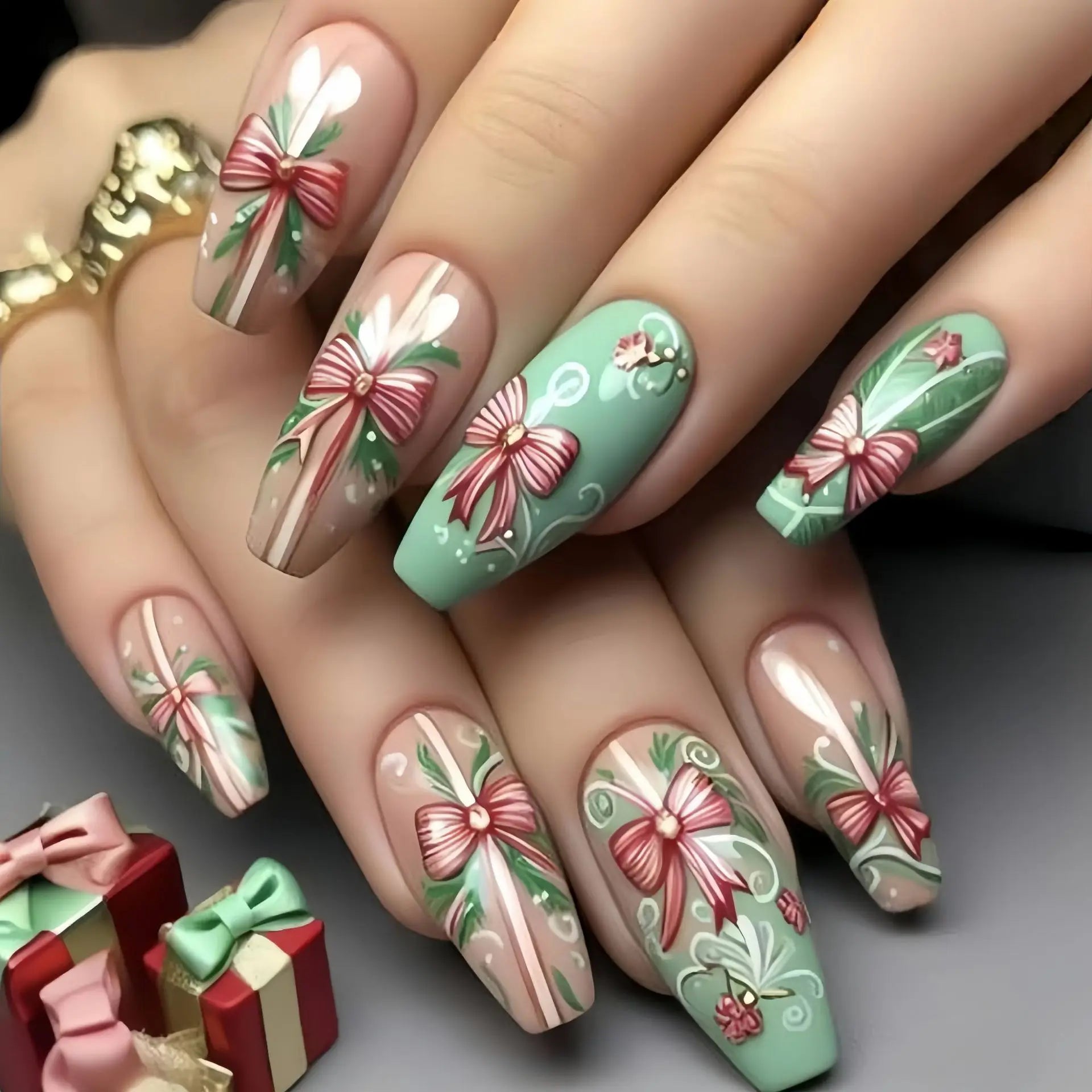 24pcs Snowflake Design Fake Nails Sets Christmas Red Mid-length Ballet Press on Nails Tips Reusable Coffin False Nail Manicure