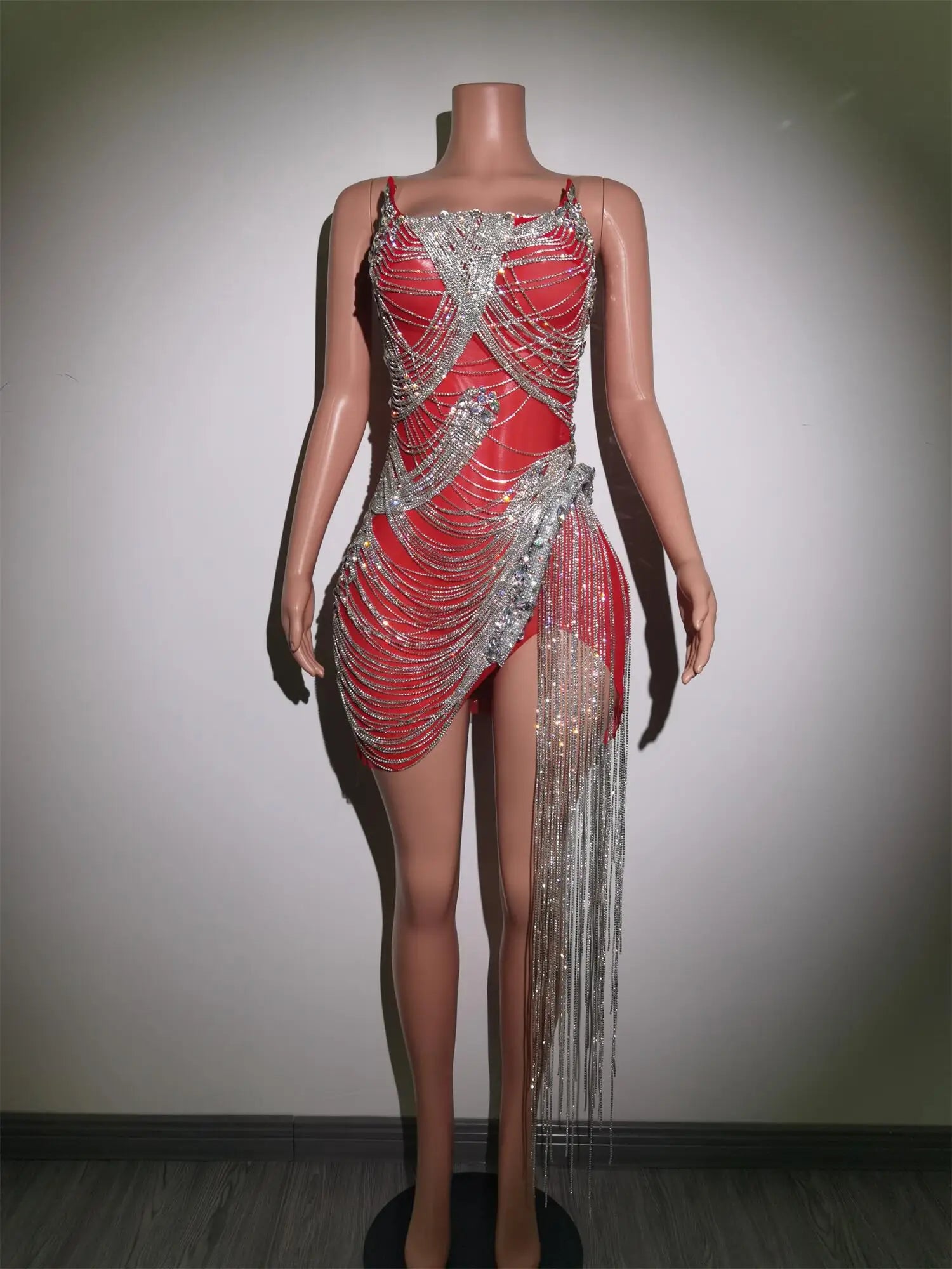 Luxurious Silver Crystals Chains Summer Dresses Women Fashion Rhinestones Fringes Performance See Through Outfit Costume Luoli Red
