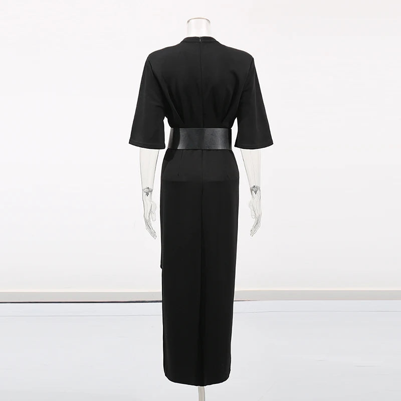 TWOTWINSTYLE Hit Color Slimming Spliced Lace Dresses for Women Round Neck Half Sleeve Split Temperament Dress Female Fashion New