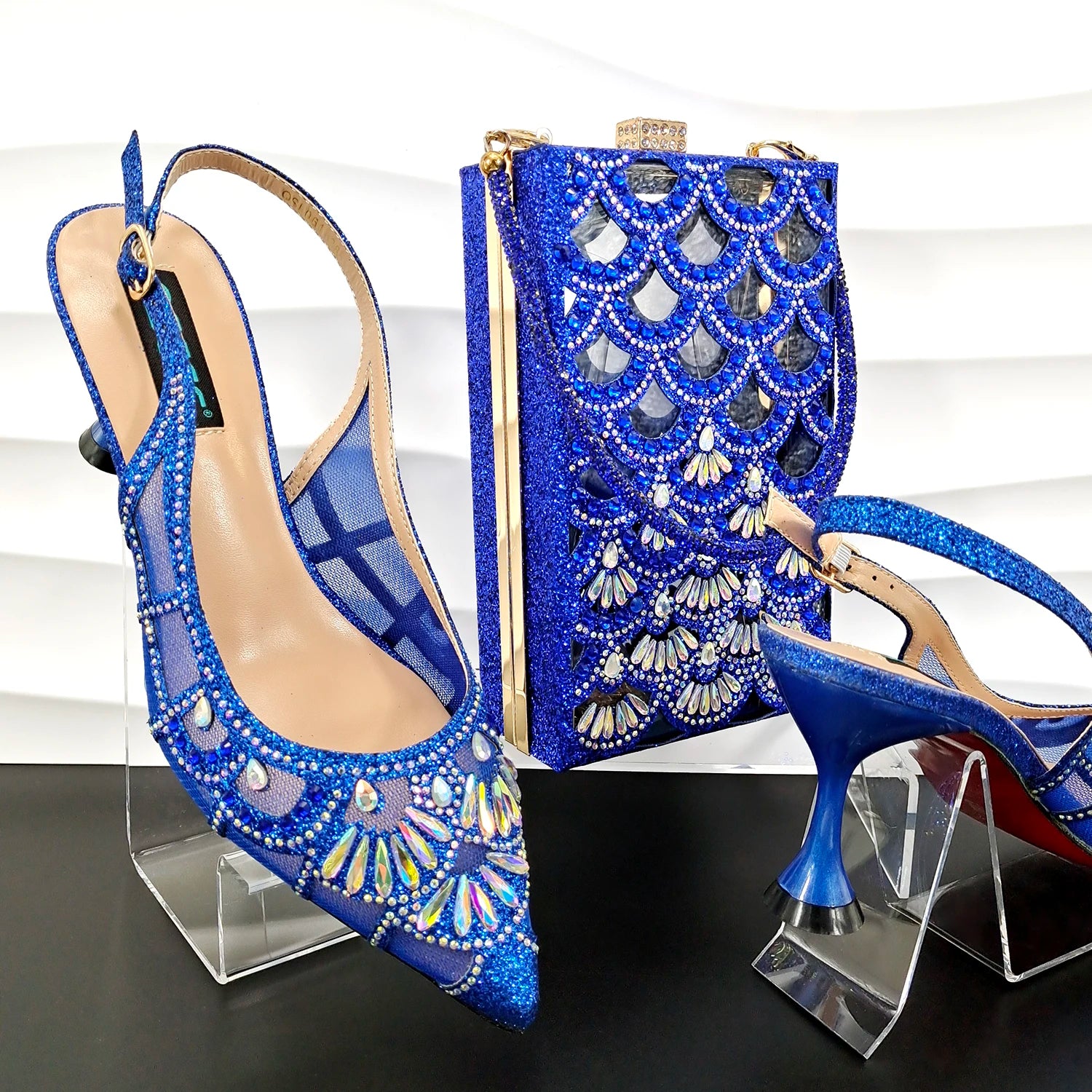 Hollowed Out Shoe Bag Design With Shiny Rhinestone Decoration Wedding Party Sandals High Heels R.BLUE