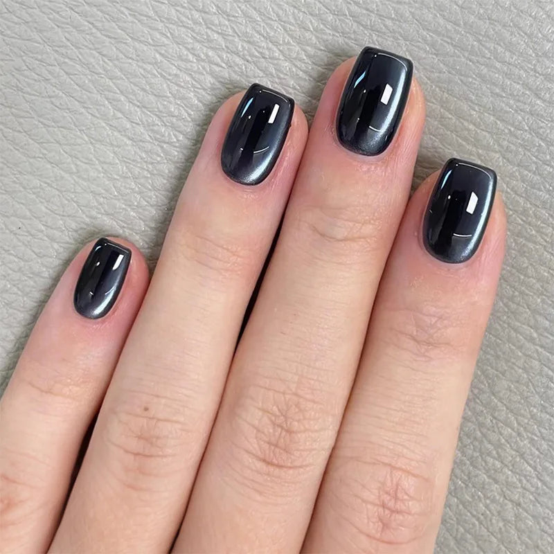 24pcs Solid Color Purple False Nails Cat's Eye Design Short Square Press on Nails Tips Simple Fake Nail Sets Wearable Manicure