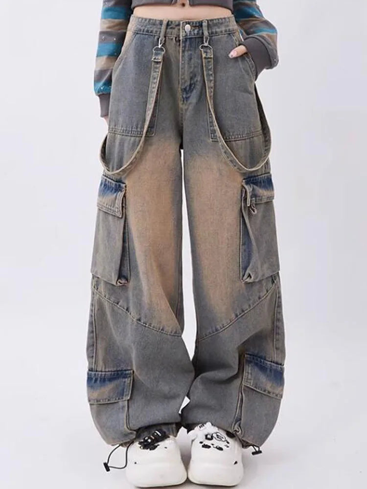 UETEEY American Retro Jeans Wide Leg Baggy Pants Streetwear Trousers Y2k Fashion 2023 Spice Girls Denim Pants Straight Jeans Blue