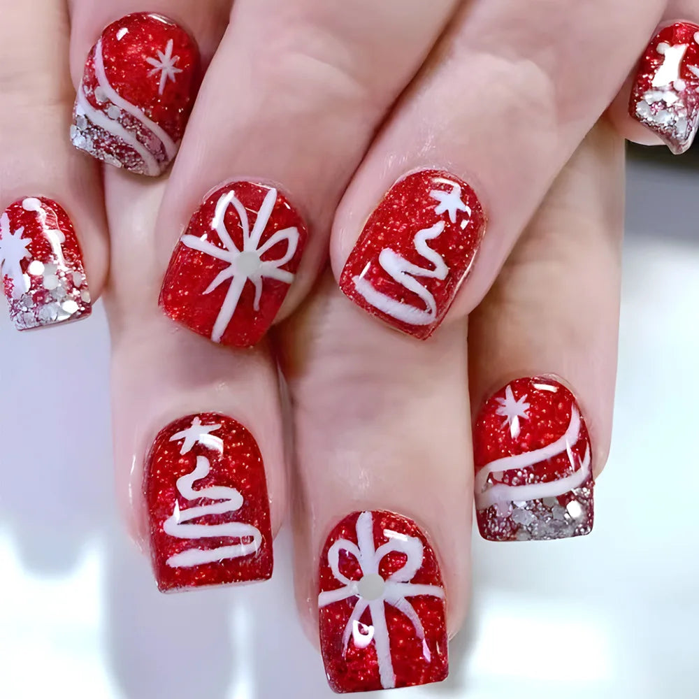24pcs Short Square False Nails Christmas Snowflake Red Press on Nails Windmill Pattern Fake Nail Tips Reusable Full Cover Nail