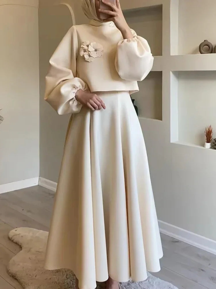 Ramadan Elegant 2 Piece Set Women Lantern Sleeve Flower Crop Top High Waist A-line Skirt Suit Spring Lady Abaya Turkey Sets