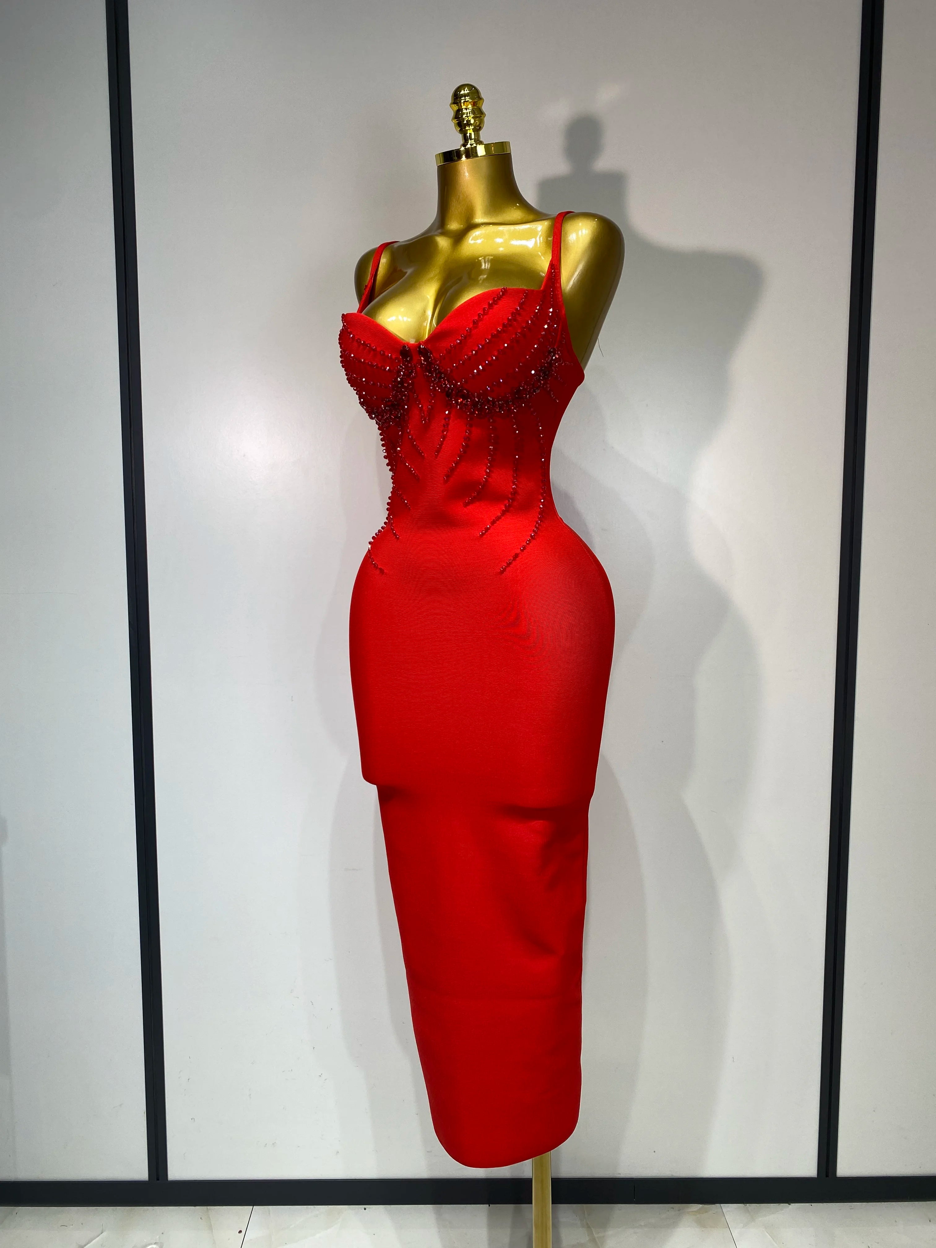 Women Sexy Backless Beading V Neck Bodycon Bandage Dress Club Party Celebrity Elegant Luxury Birthday Dresses Wedding Guest Gown