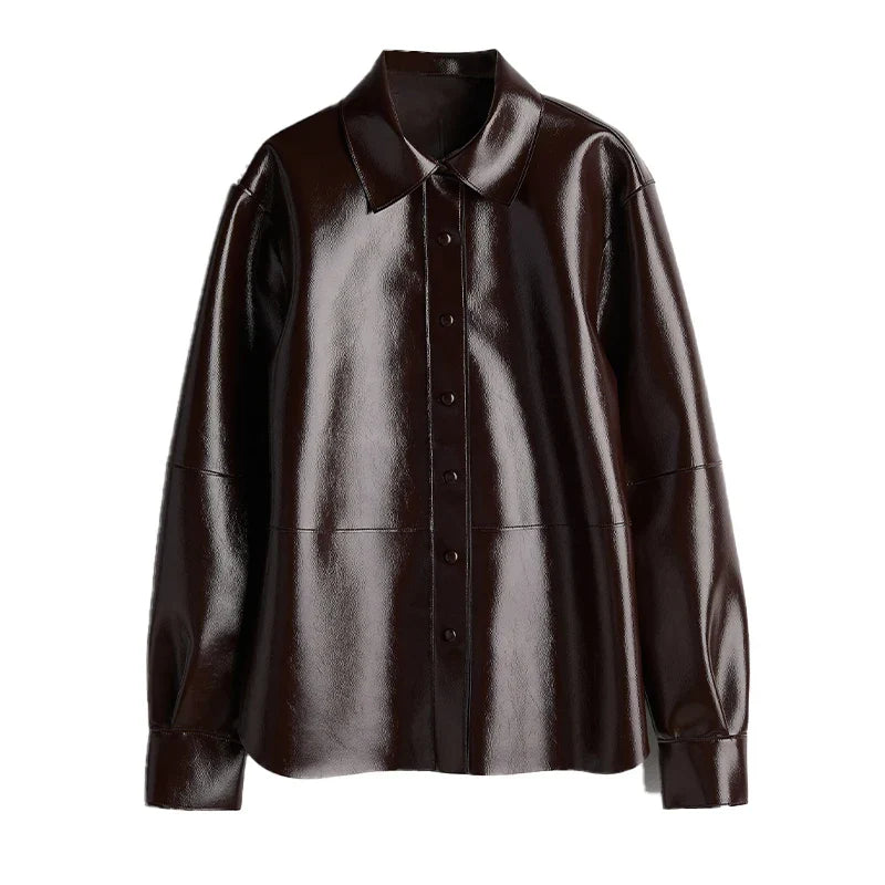 Fashion Leather Coat Skirt Sets Women Autumn Winter O-neck Long Sleeve Single Breasted Coats Mini Skirts Two Piece Set Lady coat 1