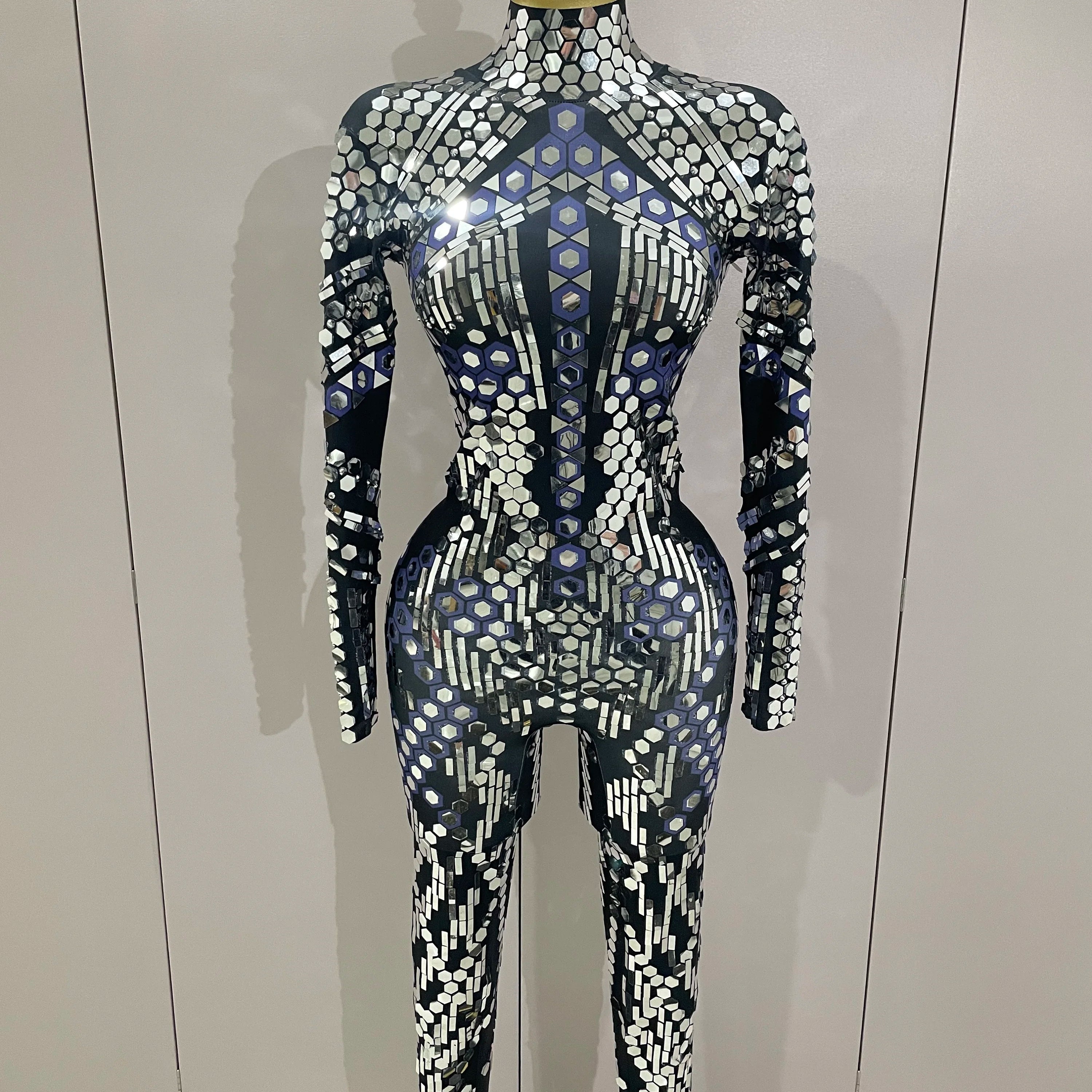 Sexy Shiny Silver Sequins Mirror Black Spandex Jumpsuit 2025 Women Prom Dancer Singer Costume Evening Birthday Show Stage Outfit