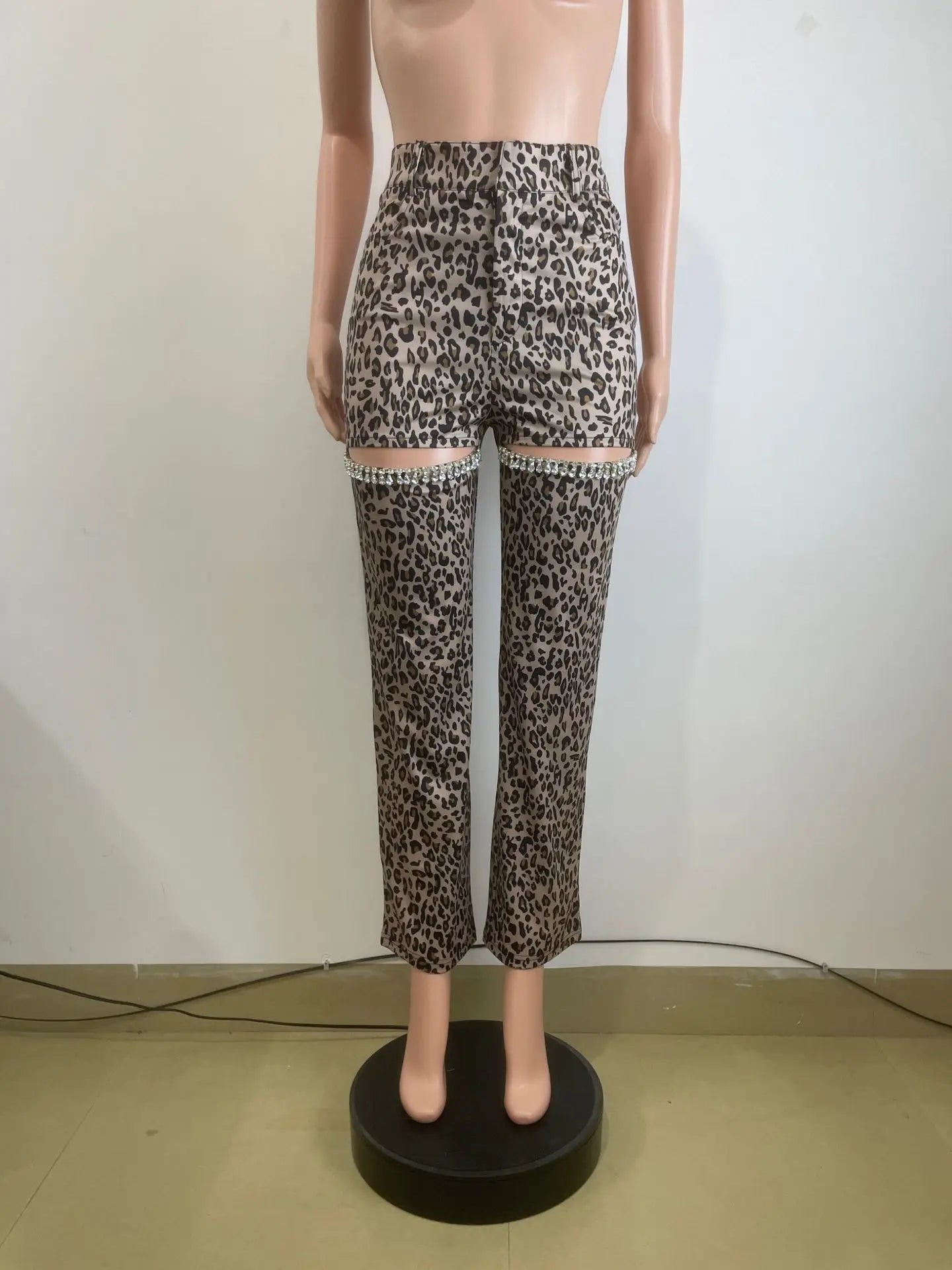 CM.YAYA Women Cutout Diamonds Crystal Hollow Out Straight Pants 2024 Fall Winter Leopard Print  High Waist Wide Leg Trousers