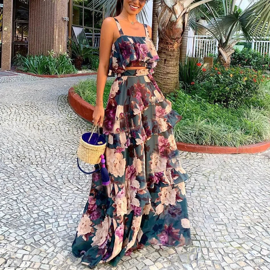 Summer Sexy Sleeveless Suspender Tops And Skirt Suit Fashionable Elegant Ruffled Dress Top Outfits Casual Party Two-piece Sets