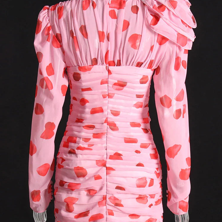 TWOTWINSTYLE Cut Out Ruched Patchwork Floral Dress For Women V Neck Long Sleeve High Waist Print Mini Dresses Female Clothes New