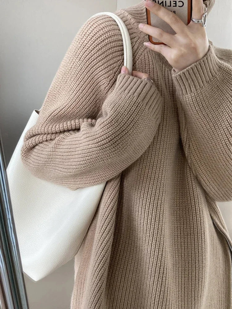 2023 Winter Women's Turtleneck Zipper Oversize Fashion Sweaters Autumn New Knitwears Loose Thick Warm High Neck Solid Pullovers Khaki MY38