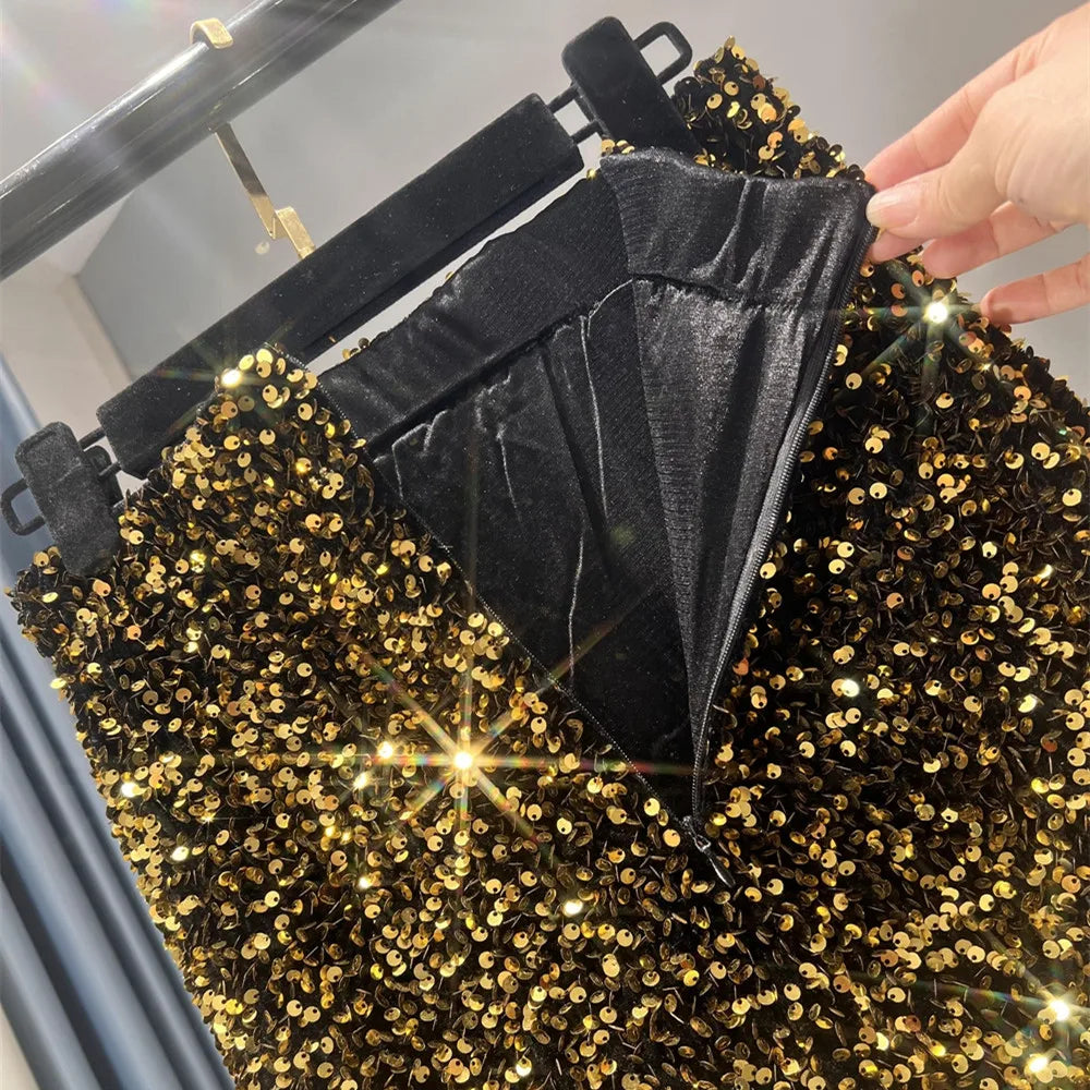 French High-waisted Slim Skirt High-quality Shiny All-match Mid-length Thickened Hip Skirt Split Black Sequin Skirt Women