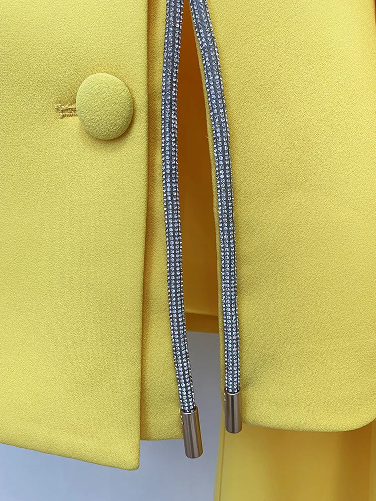 HIGH STREET Newest Designer Runway Suit Set Women's Diamonds Beaded Slit Blazer Straight Pants Set 2PCS