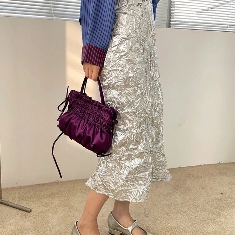 Texture Long Silver Skirt For Women 2024 Summer Metallic High Fashion A Line Glitter Slit Midi Skirt Designer Clothes
