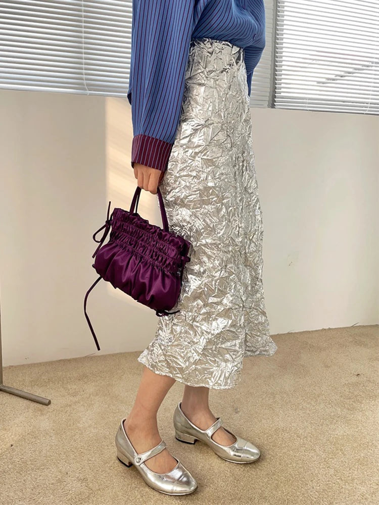 Texture Long Silver Skirt For Women 2024 Summer Metallic High Fashion A Line Glitter Slit Midi Skirt Designer Clothes