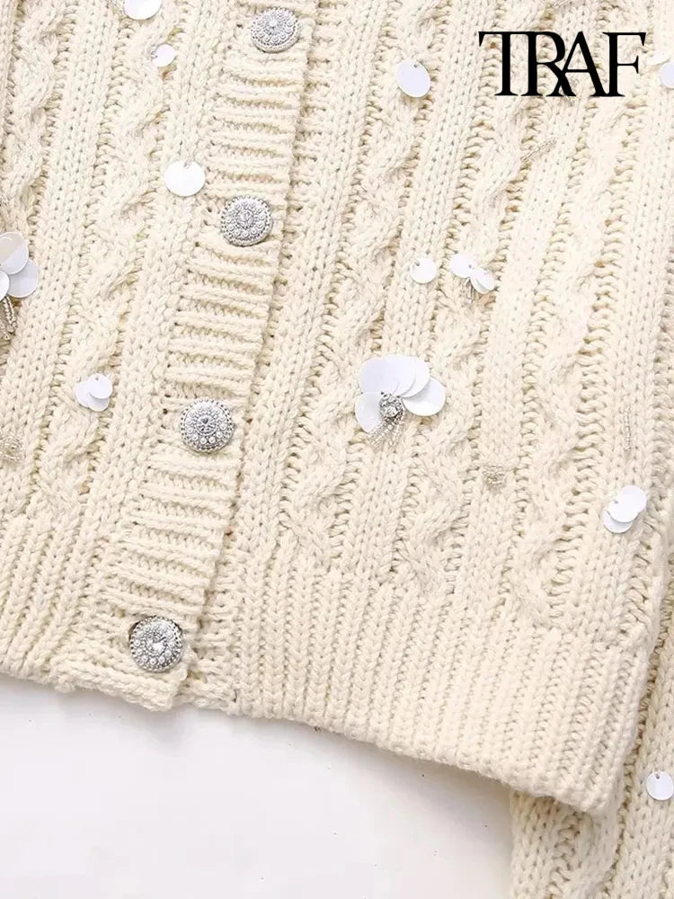 Women Fashion With Beading Cropped Knit Cardigan Sweater Vintage Long Sleeve Front Button Female Outerwear Chic Tops