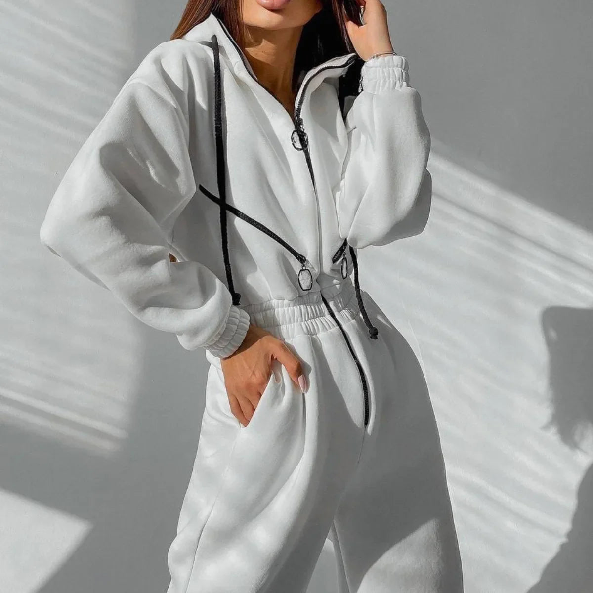 LKF New Sports and Casual Women's Jumpsuit Hooded Zipper Cardigan Solid Color Street Trendy Jumpsuit Wholesale White