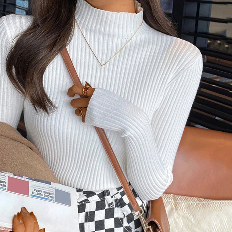Winter Turtleneck Women's Sweater Knitted Pullover Soft Slim Long Sleeve Top Solid Color Basic High Neck Jumper Woman Clothing C-half neck-white One Size(40-65kg)
