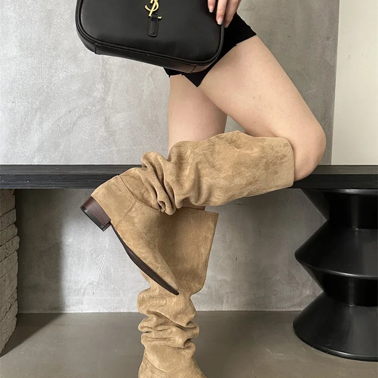 Low Heel Pleated Boots Autumn Winter New Square Head Knee Length Long Boots Suede Women's Shoes Black Beige Green Gray