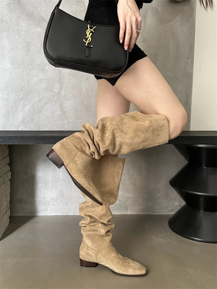 Low Heel Pleated Boots Autumn Winter New Square Head Knee Length Long Boots Suede Women's Shoes Black Beige Green Gray