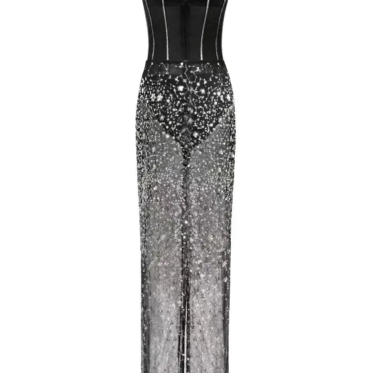 Fashion Black Color Women Sexy Strapless 2 Pieces Bodycon Long Dress Mesh Sequins Nightclub Party Celebrate Dress