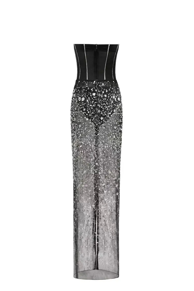 Fashion Black Color Women Sexy Strapless 2 Pieces Bodycon Long Dress Mesh Sequins Nightclub Party Celebrate Dress