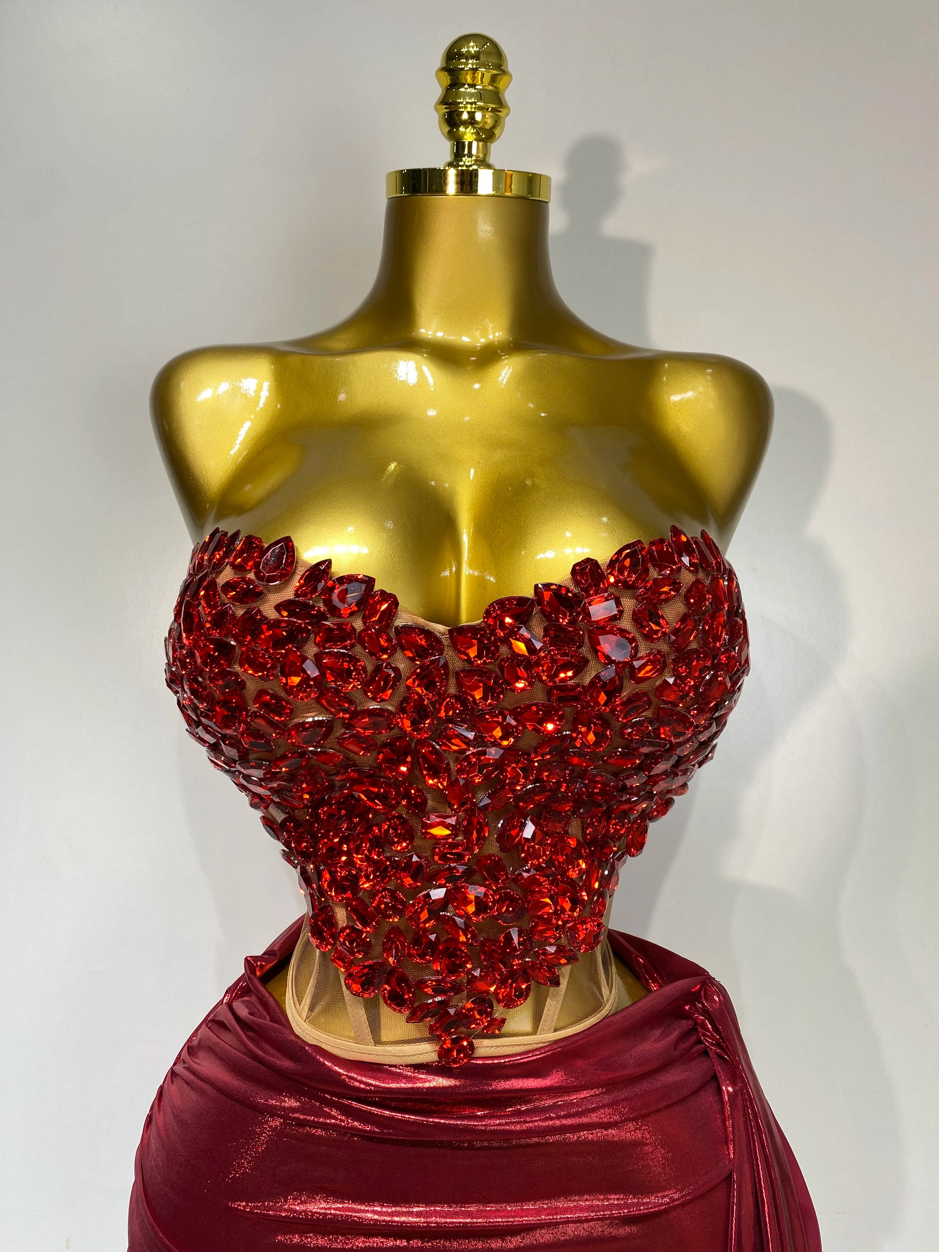 Sparkly Red Diamond Sexy Top Two Pieces Set Women Celebrate Party Luxury Birthday Nightclub Performance Dancer Stage Outfit