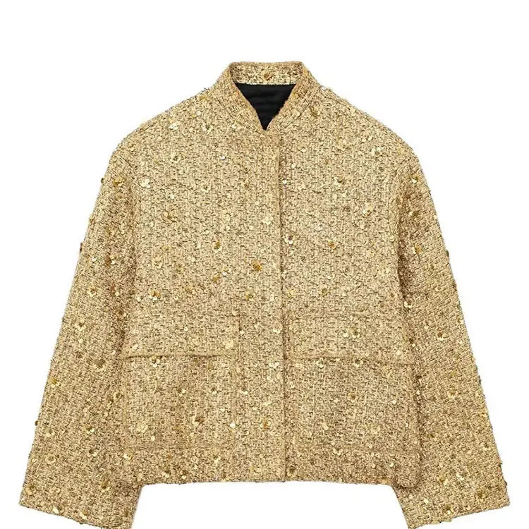TRAFZA Woman Button Long Sleeve Jacket With Pockets Autumn Chic Outwear Women Sequin Shinny Gold Coat Fashion Streetwear Elegant