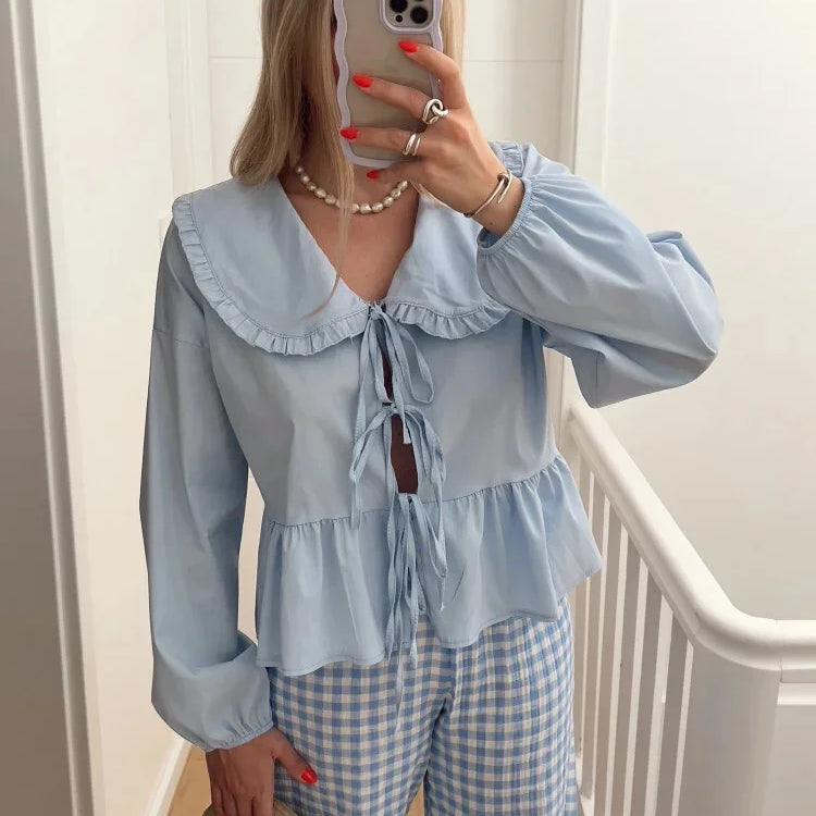 EDSA Women Elegant Ruffles Shirt Summer Blouse with Peter Pan Collor Lantern Sleeves Bow Buttons Sweet Soft Top