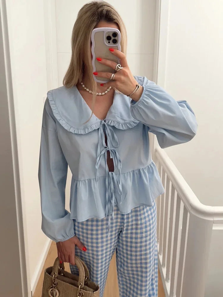EDSA Women Elegant Ruffles Shirt Summer Blouse with Peter Pan Collor Lantern Sleeves Bow Buttons Sweet Soft Top