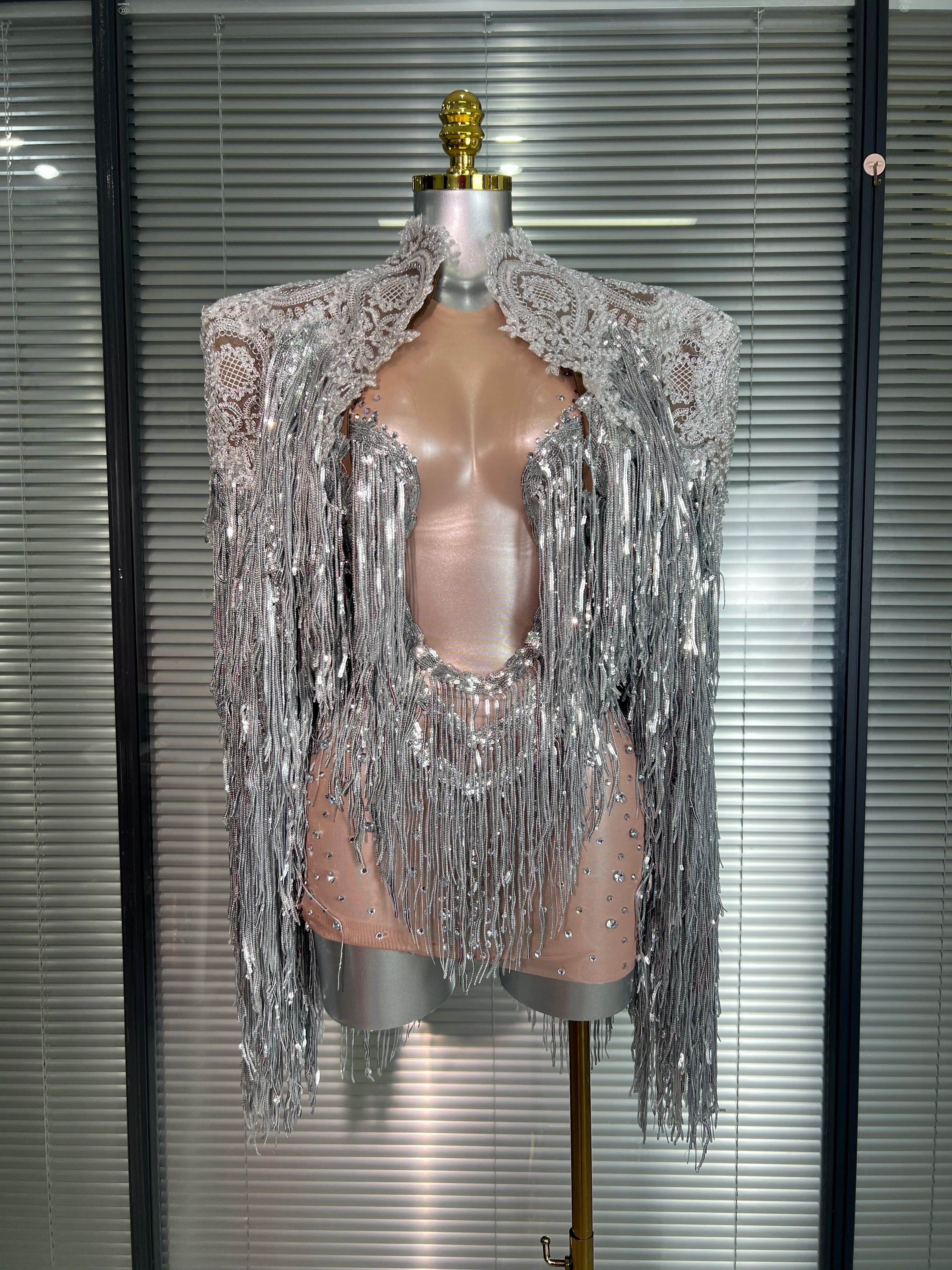 Celebrity New Women Sexy Mesh Sheer Crystal Stage Costume Stage Dancer Night Club Tank Mini Party Dress Coat 2 Pieces Set