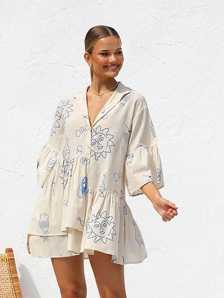 Print Flare Sleeve Ruffled Mini Women's Dress Elegant Shirt Collar Button Vestidos Spring Casual Loose Beach Female Dresses Figure Color 1