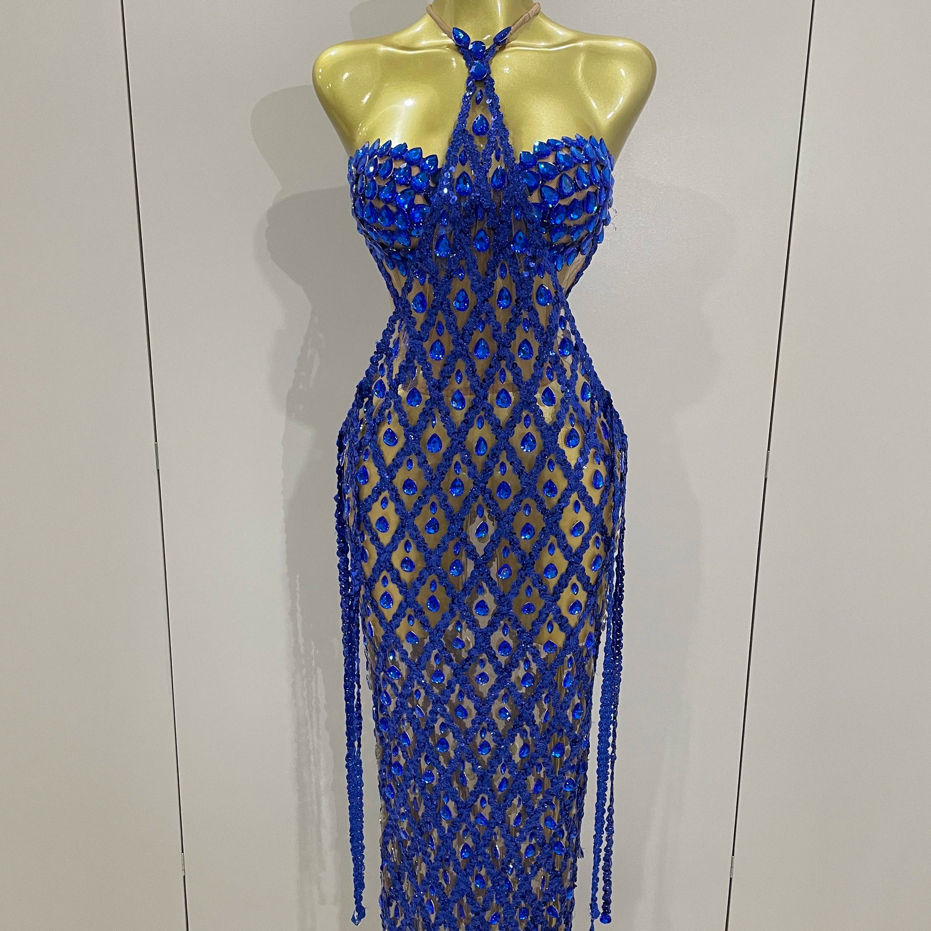 Stock Sexy Sparkly Gold Rhinestones Sleeveless Mesh Two Piece Long Dress 2025 Women Birthday Party Celebrate Prom Stage Costume