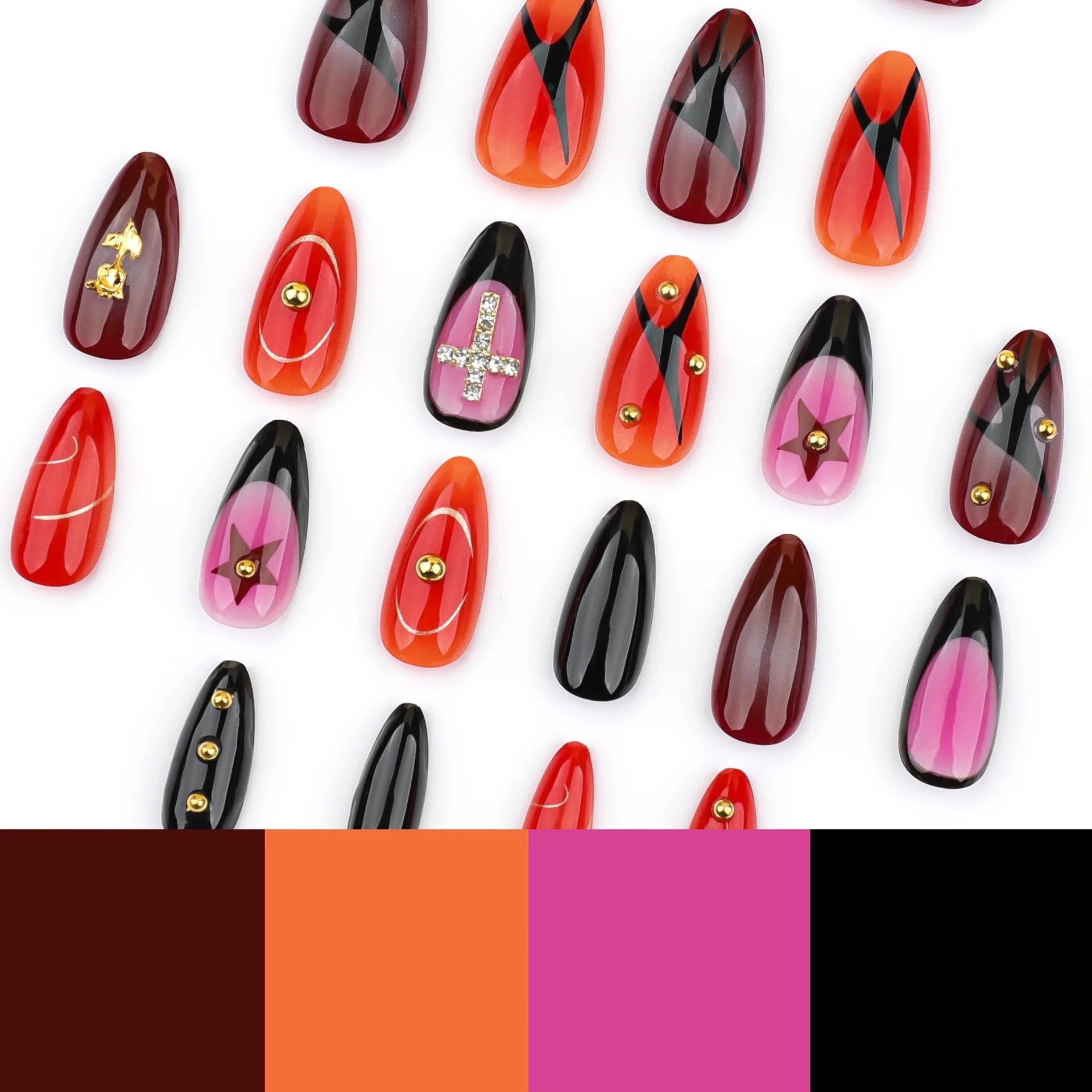 24 peças de unhas postiças de metal 3D com rosas, cobertura total, amêndoa, estilo punk gótico Spice Girls Y2K, pontas de unhas postiças