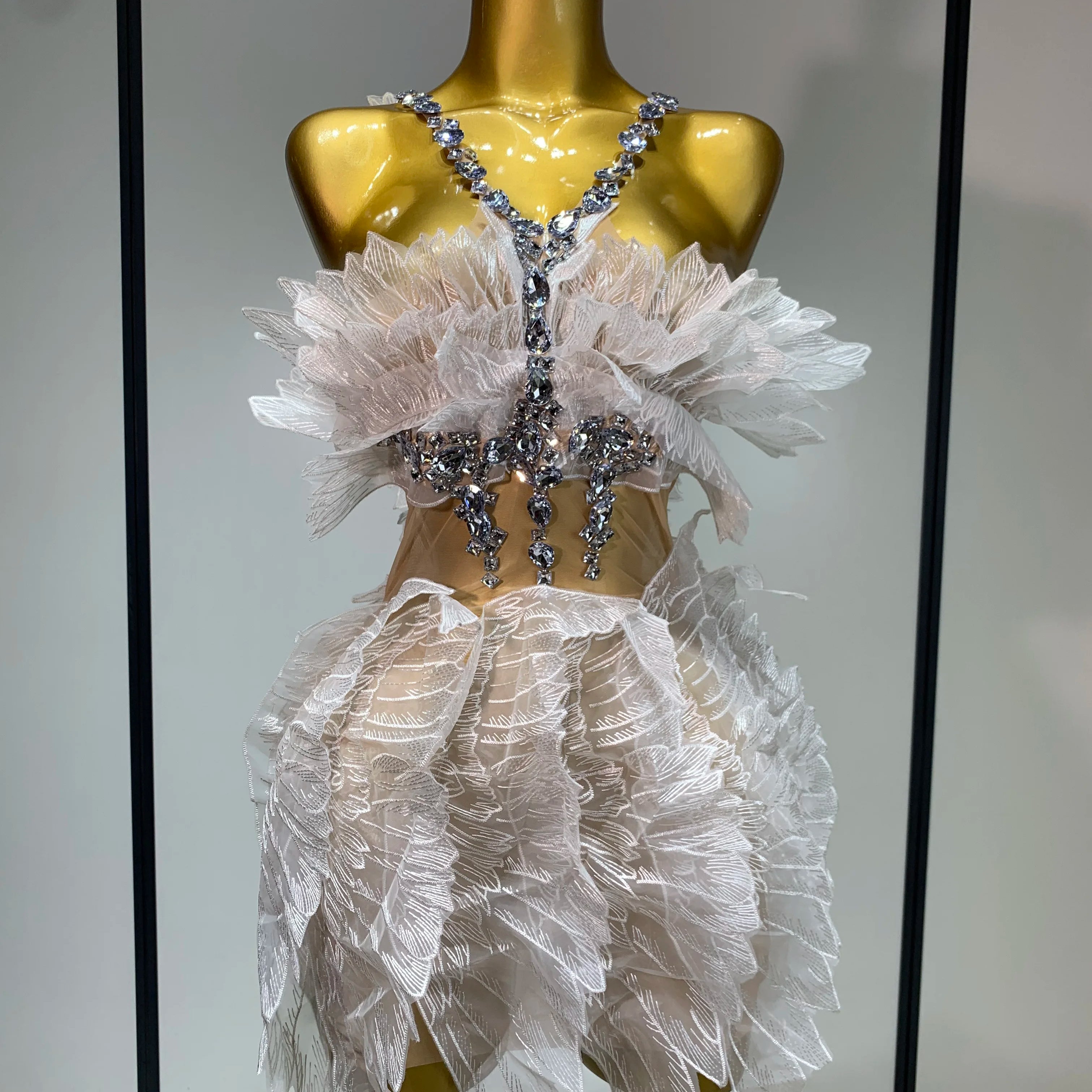 Luxury Birthday Dress Women Sexy White Crystal Transparent Wings Mini Dress Nightclub Evening Party Singer Stage Perform Costume