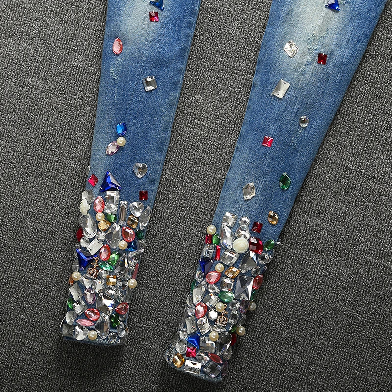Color Stone Skinny Jean Pencil Pants Woman High Waist Spring Streetwear Blue Color Block Sexy Stretch Denim Trousers Jeans