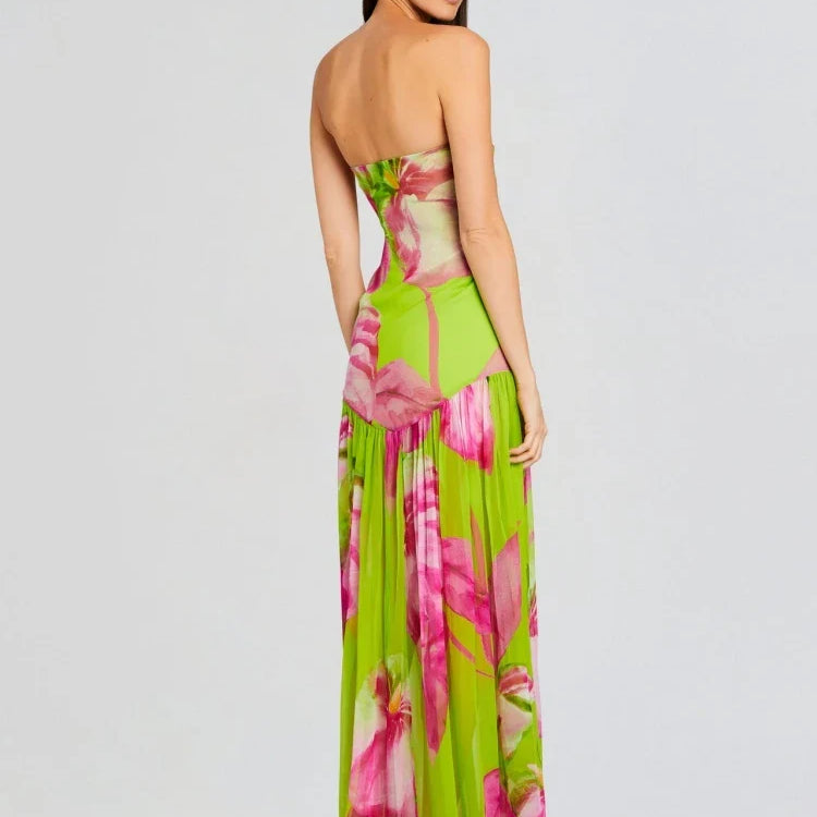 New Summer Print Strapless Mesh Patchwork Slit Long Dress Women Sexy Sleeveless Printed Split Colorful Vacation Maxi Dress Party