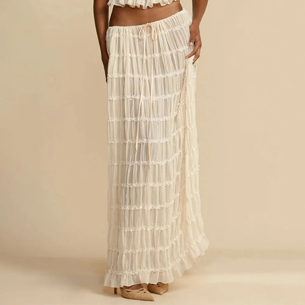 Women’s Summer Vacation Beach Cover-ups Dress Sets Sleeveless Ruched Halter Neck Long Skirt Suit Top Lace Up Fold Maxi Skirts white skirt