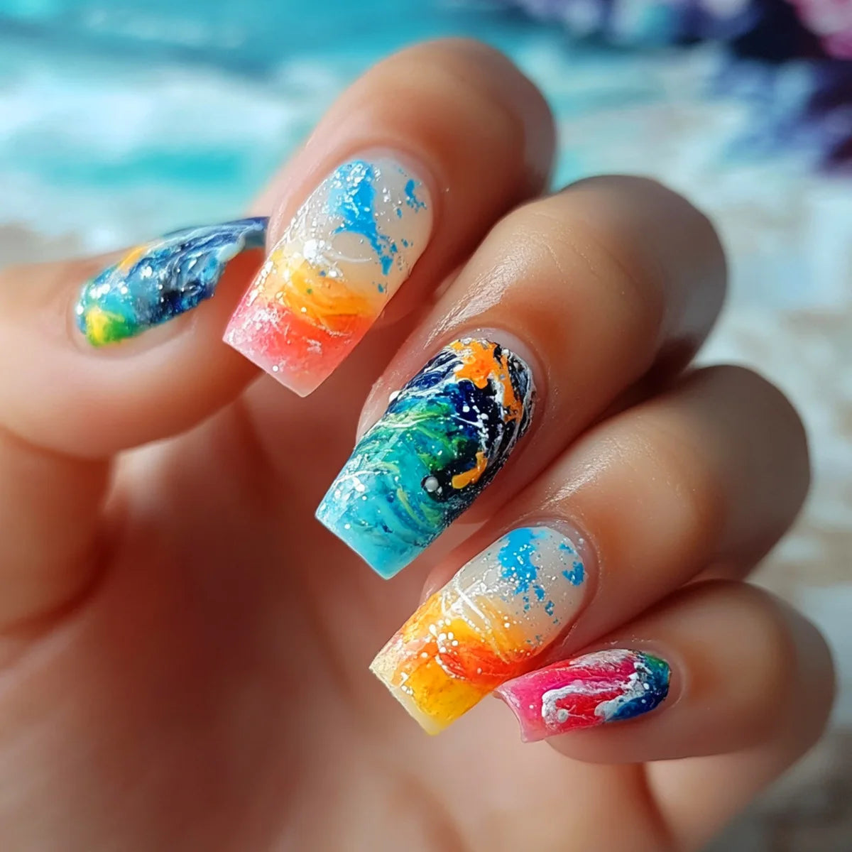24 peças unhas postiças quadradas estilo feriado, pó azul degradê com padrão de coqueiro, unhas postiças de pressão, ponta de unha francesa usável