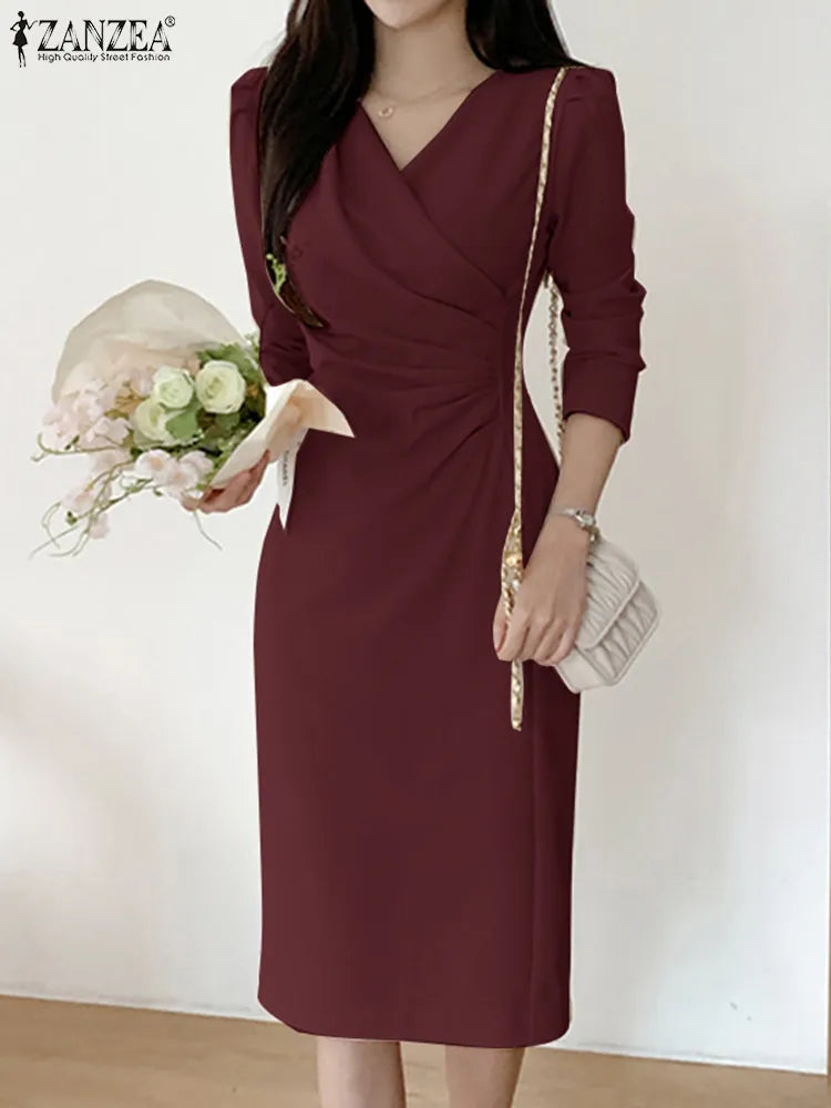 Fashion Bodycorn Dress Spring V-Neck Long Sleeve Sundress Solid Color Pleated Midi Robe Female Elegant Sexy Vestidos