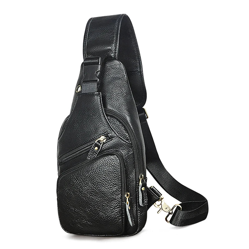 Men Original Crazy horse Leather Casual Triangle Crossbody Chest Sling Bag Design Travel One Shoulder Bag Daypack Male 8015 black