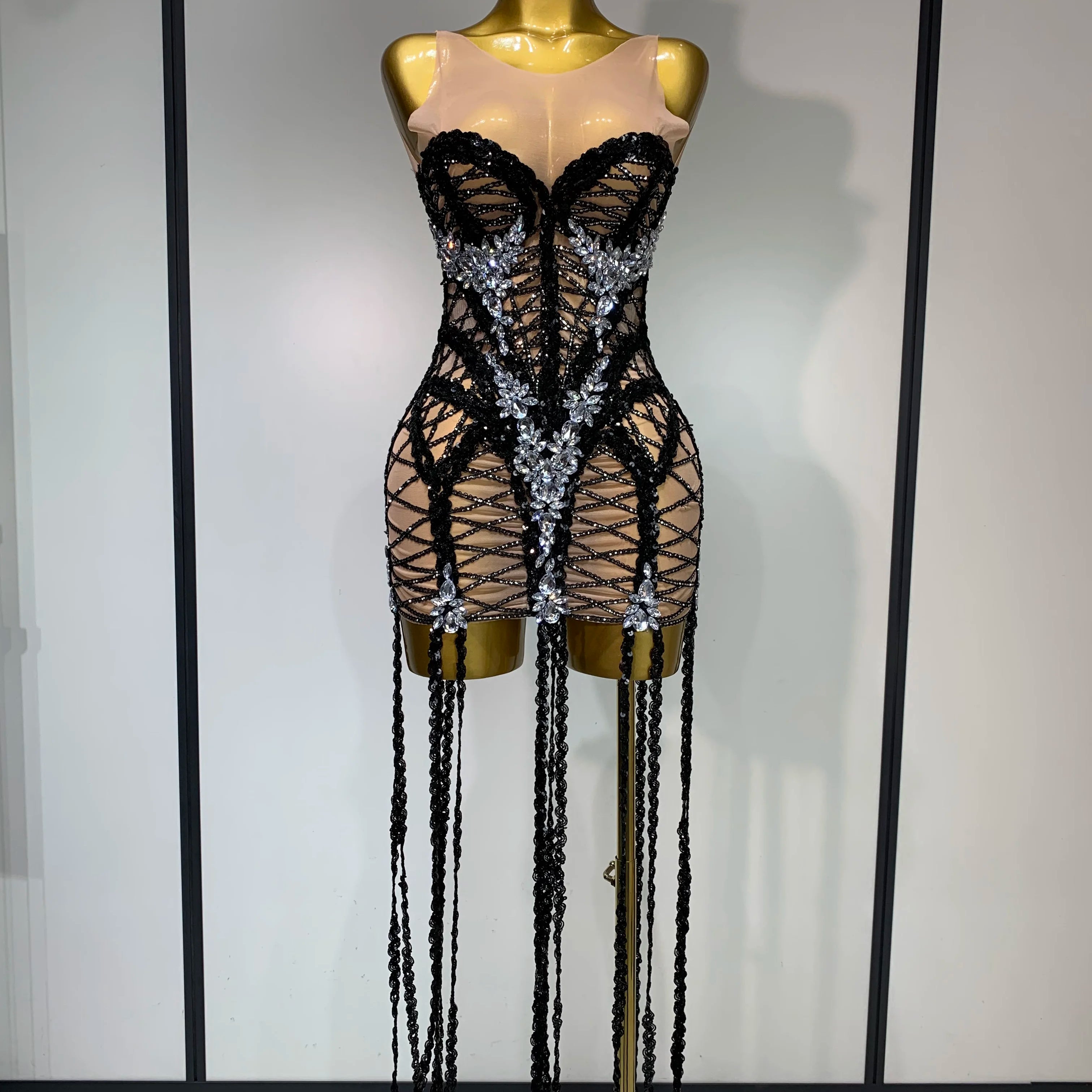 Luxury Birthday Sparkle Sequins Diamonds Long Tassel Sleeveless Mini Dress Women Red Carpet Goddess Stage Performance Costume