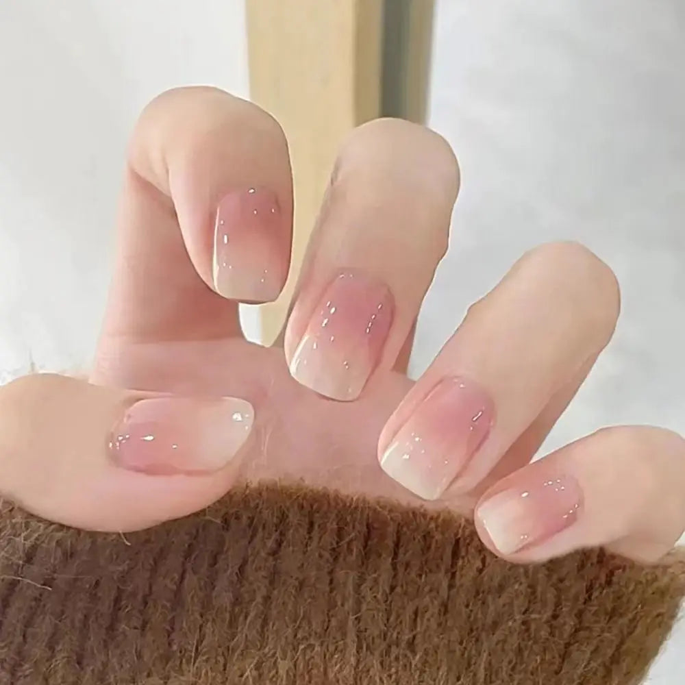 24 peças unhas postiças curtas redondas azul-francês brilhante pérola branco ondulado amor coração cobertura total destacável pontas de pressão