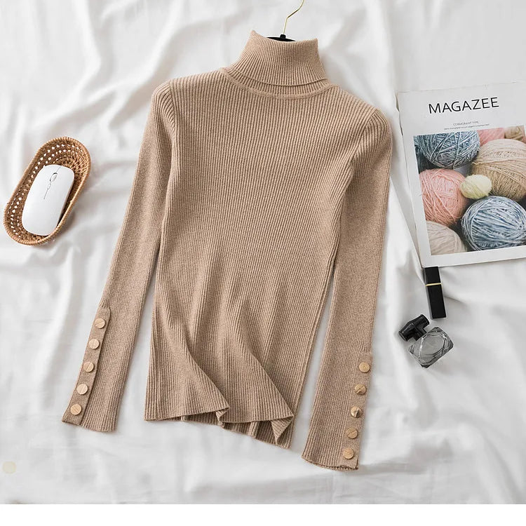 Thick Sweater Pullovers Long Sleeve Tops Women Autumn Winter Clothes Slim Knit Soft Jumper Streetwear Button Turtleneck Sweater khaki One Size