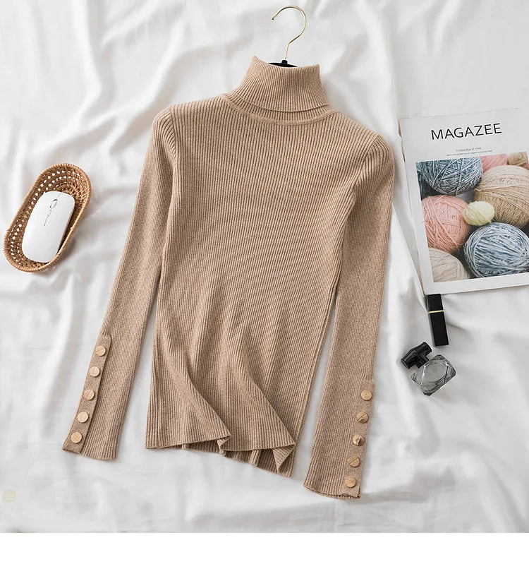 Thick Sweater Pullovers Long Sleeve Tops Women Autumn Winter Clothes Slim Knit Soft Jumper Streetwear Button Turtleneck Sweater khaki One Size