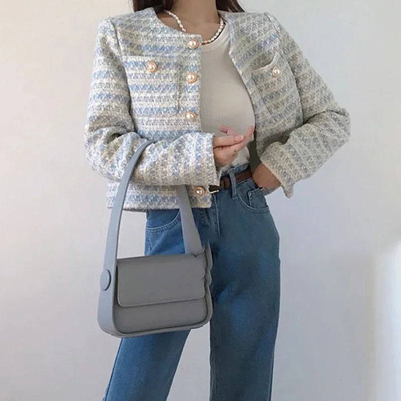 Autumn Winter Women Elegant Tweed Cardigan Short Coat With Pocket Single Breasted Jacket For Women Loose Outwear BLUE