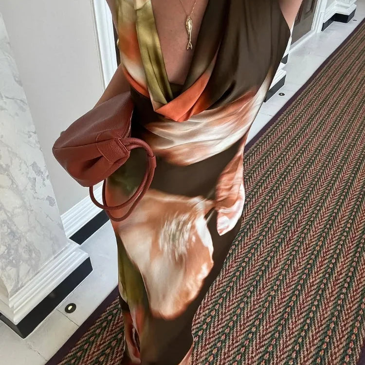 Vestido longo feminino com estampa tie-dye e babados, elegante, gola redonda, slim fit, costas abertas, sexy, vestidos de festa para o verão 2025