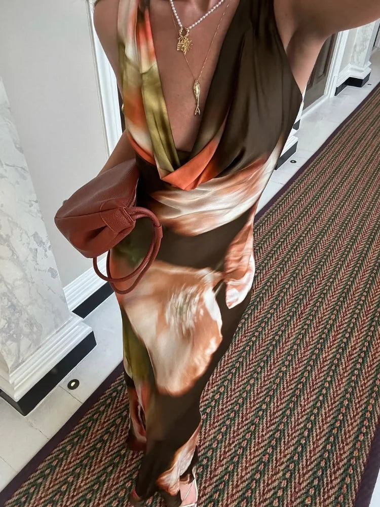 Women Tie Dyed Print Ruffles Maxi Dress Elegant Swing Neck Slim Fit Maxi Dresses Sexy Open Back Summer Evening Party Gowns 2025