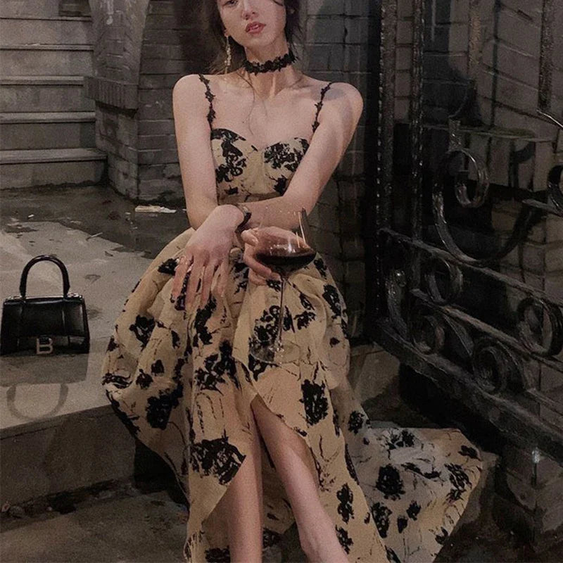 Sexy Strap Floral Midi Dress Women Oversized Loose Sleeveless Vintage Elegant Dress Fashion Evening Party Night Vestidos