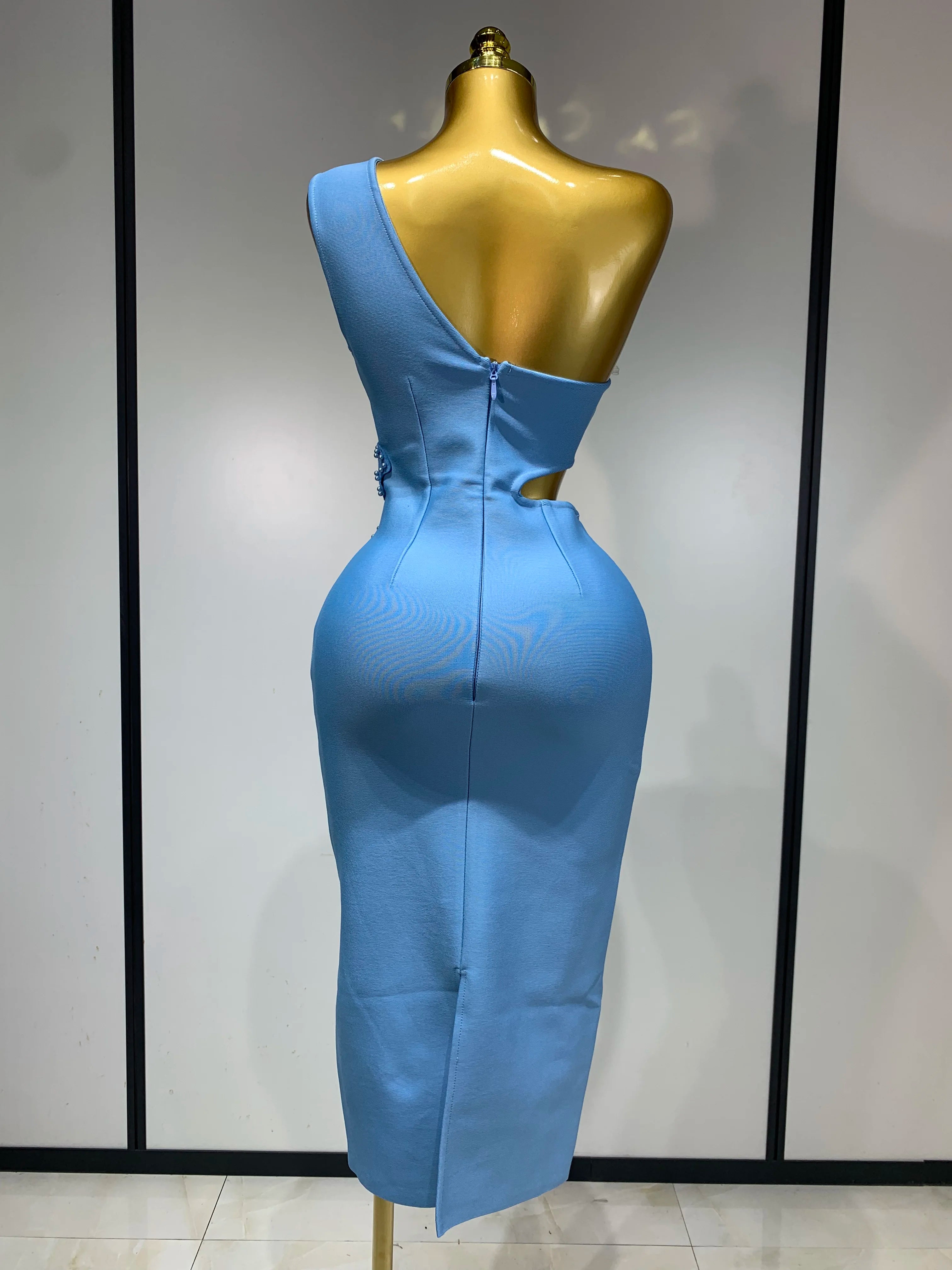 Vestido bandagem sexy e luxuoso de aniversário, um ombro, pérola, azul-celeste, bodycon, celebridade, elegante, festa noturna, traje para clube, 2025